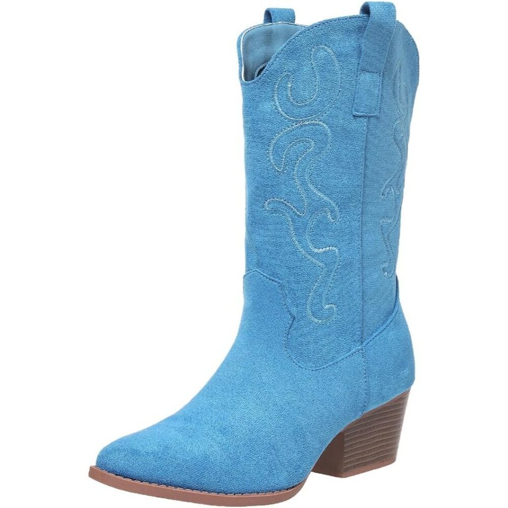 Women's Light Blue Cowgirl Mid Calf Western Embroidery Stitched Chunky Heel Boot